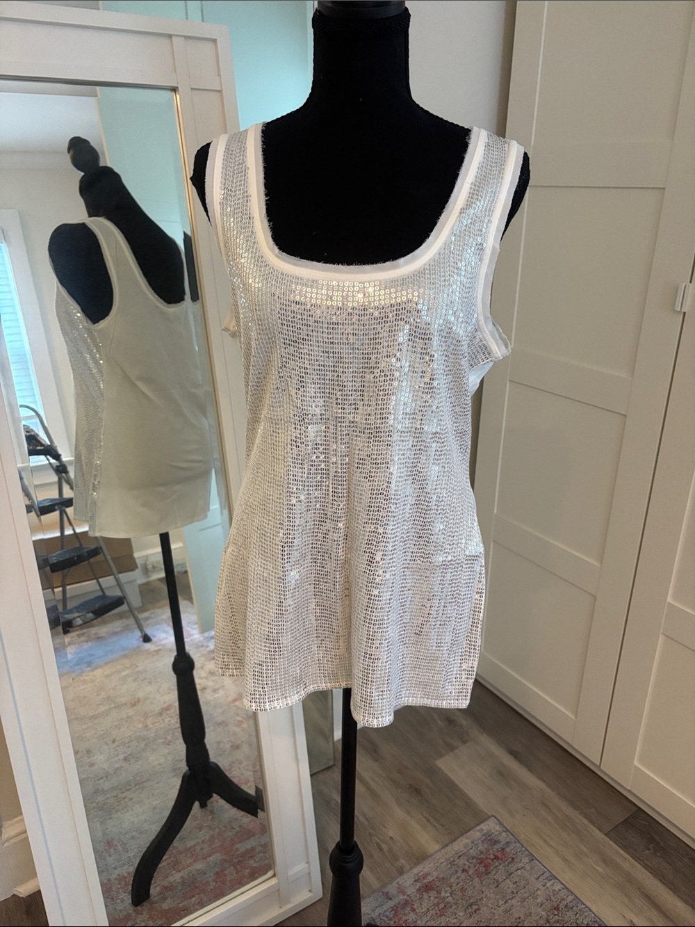 White House Black Market White Sequin Scoop Tank